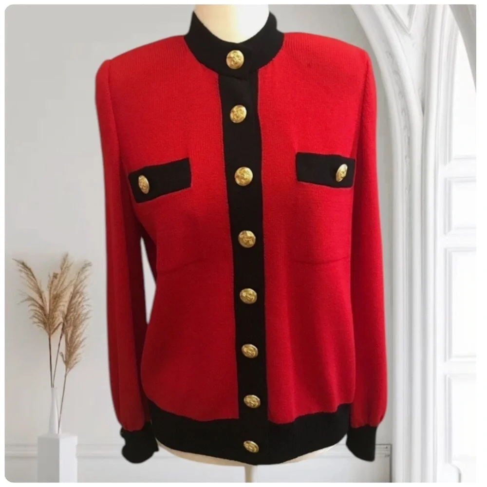 St John’s Vintage Red and Black Women's Cardigan with Gold Accents S - Picture 2 of 8